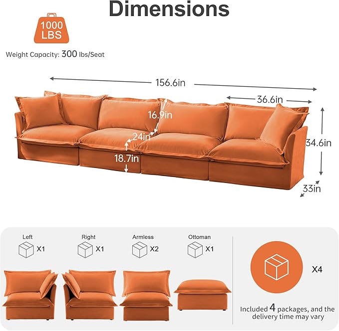 156.6 Inch 4-Seater Oversized Sectional Sofa - Wide Deep Seat Removable Washable Chenille Fabric for Living RoomOrange