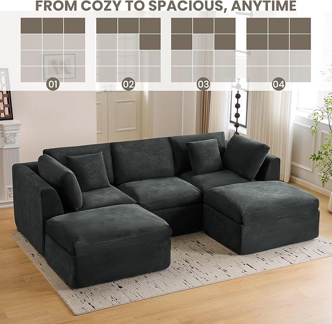 Modular Loveseat Sofa Bed with Ottomans Fully Compressed Modular Sofa Bed No Assembly Boneless Modular Couch for Living Room (Grey)