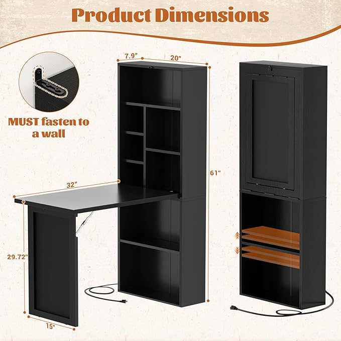 Armocity Small Folding Desk with Outlets Convertible Writing Desk for Small Spaces/Home Office/Craft Room Multi-Function Desk Workstation with Blackboard Fold-Out Cabinet Table Black