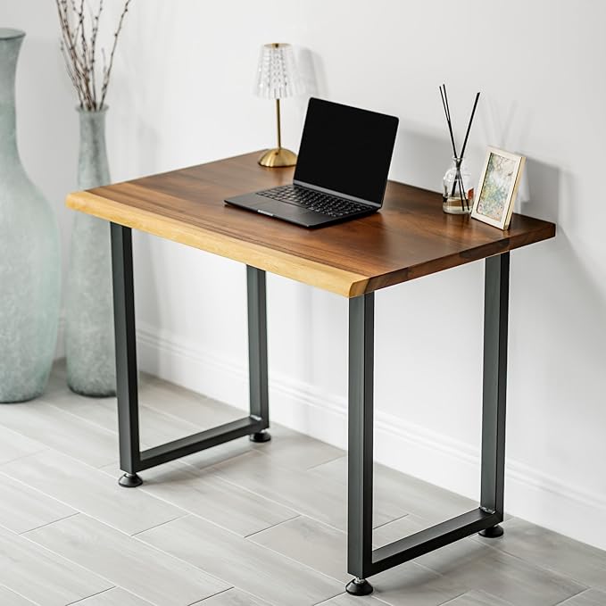 Small Solid Walnut Wood Computer Desk – 38” x 25” Live Edge Wooden Home Office Desk with Sturdy Metal Legs – Handmade Real Wood Table for Work Study or Gaming