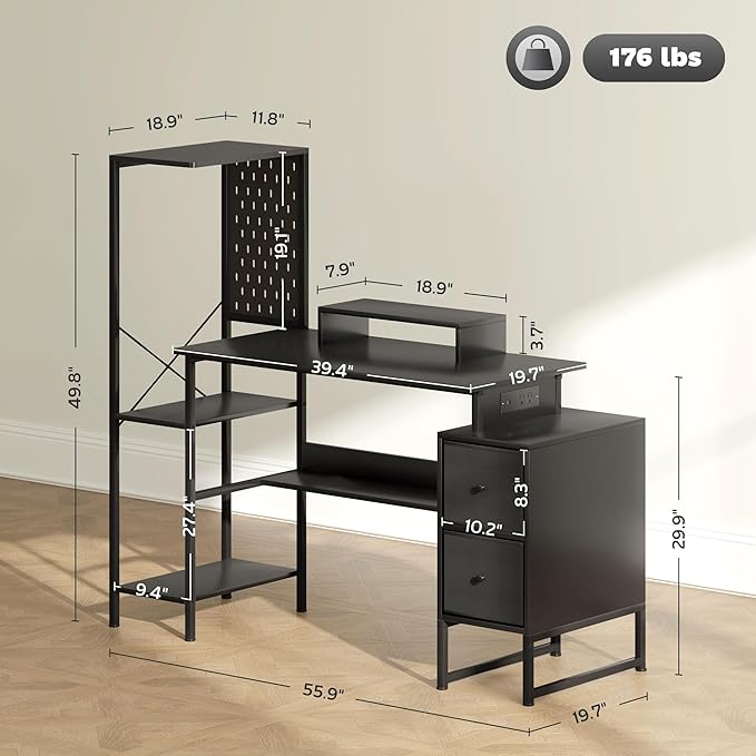 HOMCOM 56 Gaming Desk with Monitor Stand Power Outlets and LED Lights Computer Desk with Storage Shelves Fabric Drawers 2 CPU Stands Pegboard for Home Office Black