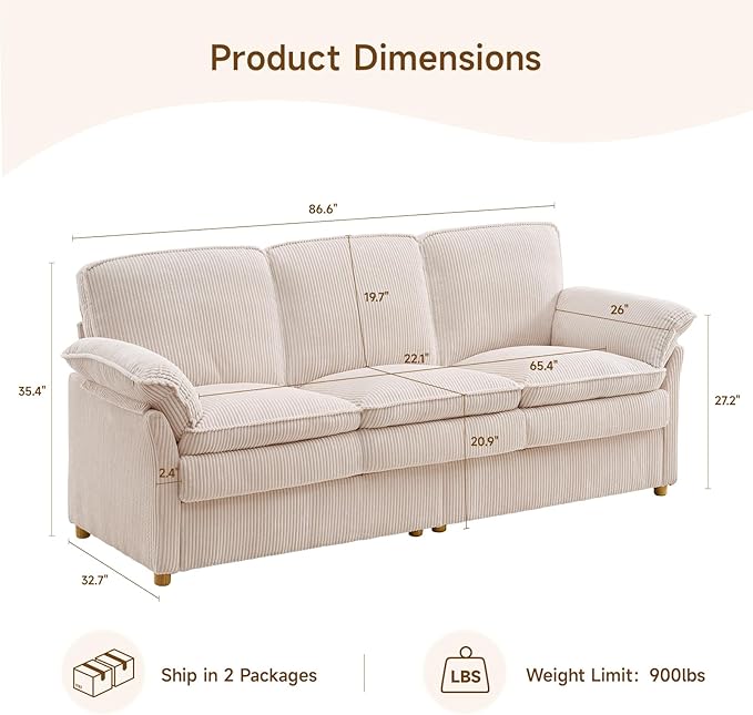 ONBRILL 86.6 Corduroy Couches for Living Room Comfy 3 Seater Sofa with Pillow-Top Armrest &amp Dual-Layer Cushions Mid Century Modern Couch for Bedroom Apartment Beige