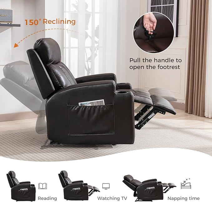 CANMOV Manual Recliner Chair with Massage and HeatBreathable Leather Recliner Chair with Armrest and Backrest Manual Reclining Single Sofa with 2 Cup Holders Side Pocket for Living RoomDark Brown