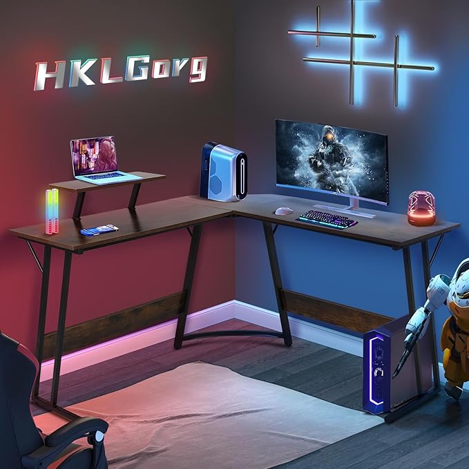 HKLGorg L Shaped Desk Gaming Computer Desk 50.4 Gaming Corner Table with Monitor Stand MDF Board Surface Home Office Table for Working Study Son Boyfriend Gift (Brown)