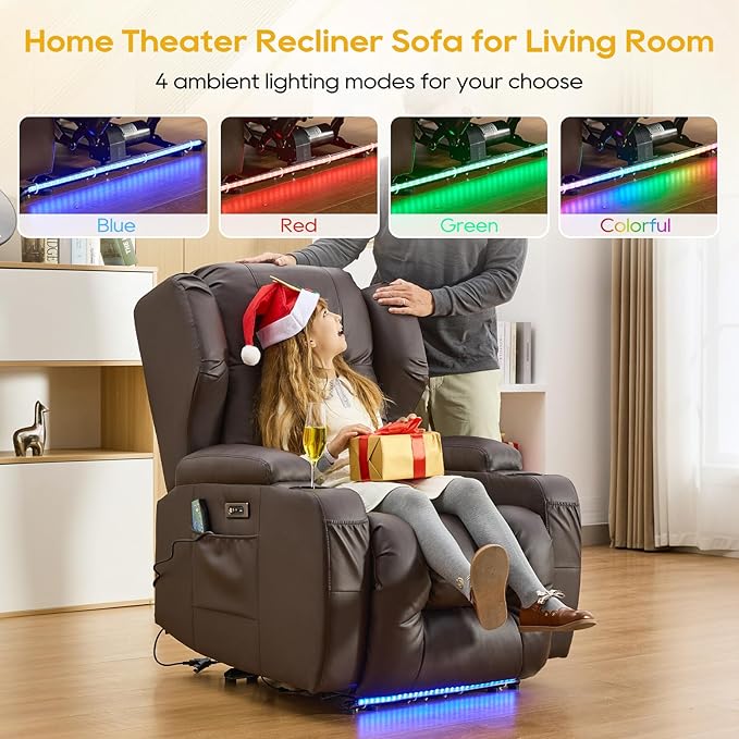 IPKIG Power Recliner Chair with Massage and Heat Electric Recliner for Living Room Home Theater Bedroom with LED Lights USB Charger Cup Holders Side Pockets &amp Lumbar Pillow (1 Brown)