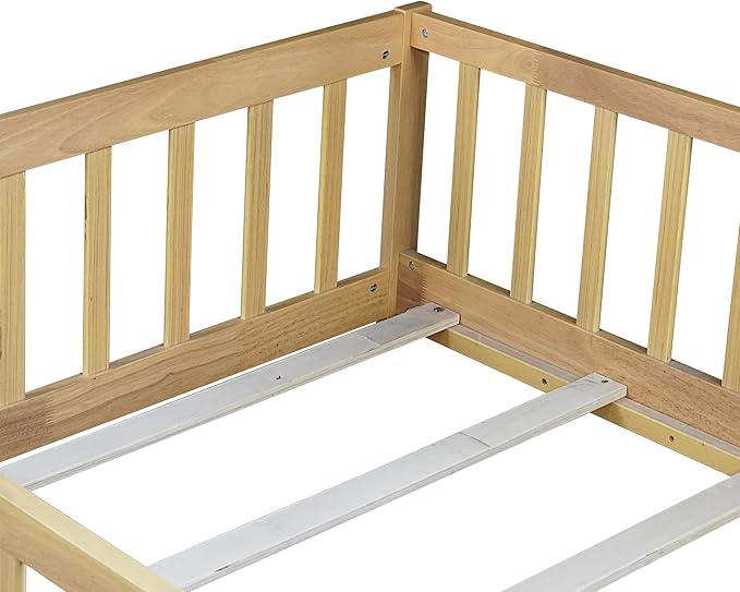 Bellemave Twin Floor Bed with Slats and Safety Guardrails Kids Montessori Floor Beds with Fence and Without Door Easy Assemble Floor Bed for Kids Girls Boys Natural