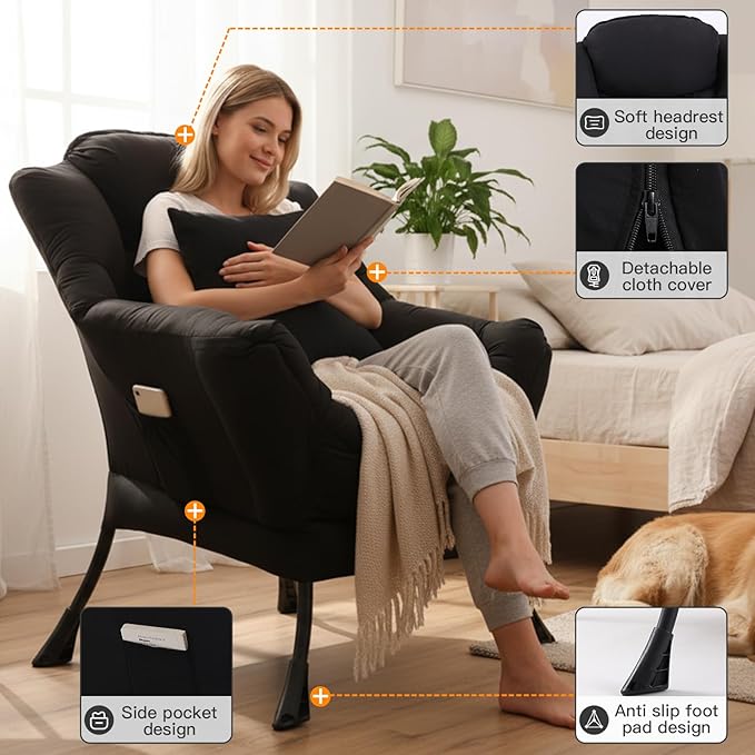 Lazy Chair for Living Room Large Black Accent Chair with a Throw Pillow Leisure Sofa Chair Set Comfy Reading Chair for Bedroom Dorm Room Office