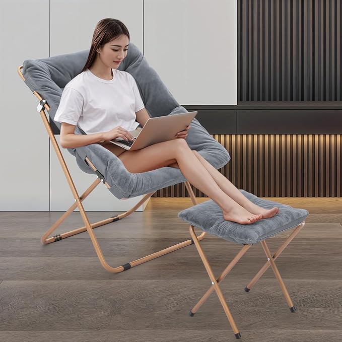 MoNiBloom Square Folding Faux Fur Saucer Chair for Bedroom Living Room Dorm Foldable Metal Frame Oversized Large Comfy Furry Padded Soft Cozy Moon Chair with Footrest Ottoman for Adults (Gray 2 Set)