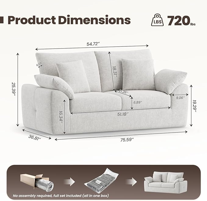 76 Boneless Loveseat Sofa Cloud Foam Couch 3 Seater Upholstered Midcentury Mondern Love Seat Wide Armrest and 4 Pillows for Home Living Room/Small Spaces No Assembly Required Beige