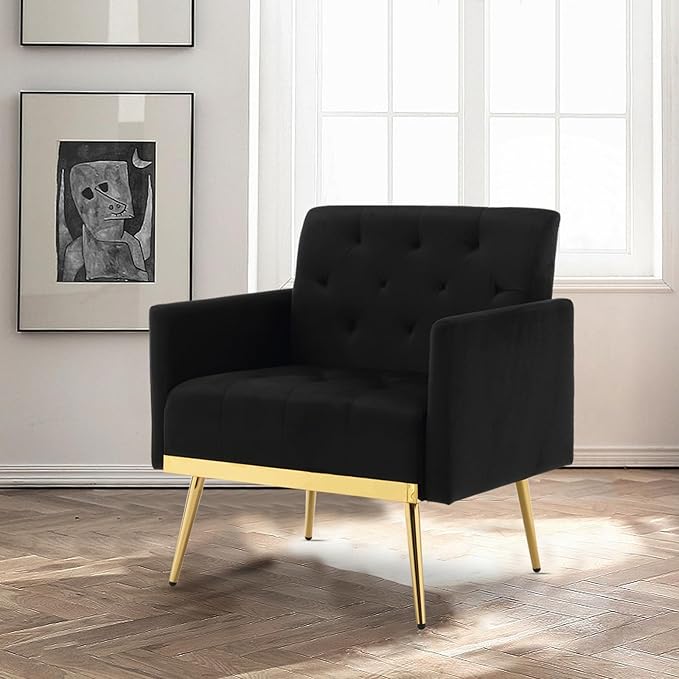 Velvet Accent Chairs Set of 2 Modern Button Tufted Armchair with Metal Legs Small Comfy Upholstered Single Reading Club Chair for Living Room Bedroom Office Decorative(Black)