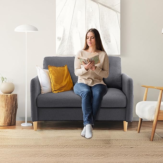 VINGLI 47 Small Couch Dark Grey Linen Loveseat Sofa Mini Couch Mid Century Modern Decor Love Seat for Small Spaces Living Room Bedroom Play Room
