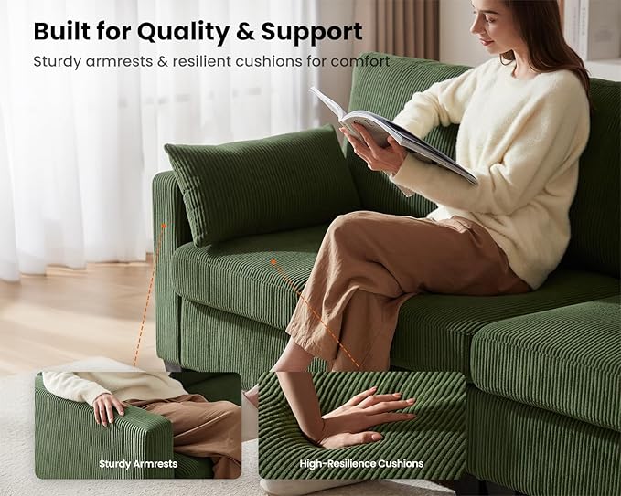 CHIC HOUSE Modular Sectional Couch - Corduroy Shaped Sleeper Sofa Bed with Storage Ottoman Armrest Neck Support Convertible Furniture for Living Room Lounge (Green 5 Seater L-Shaped)
