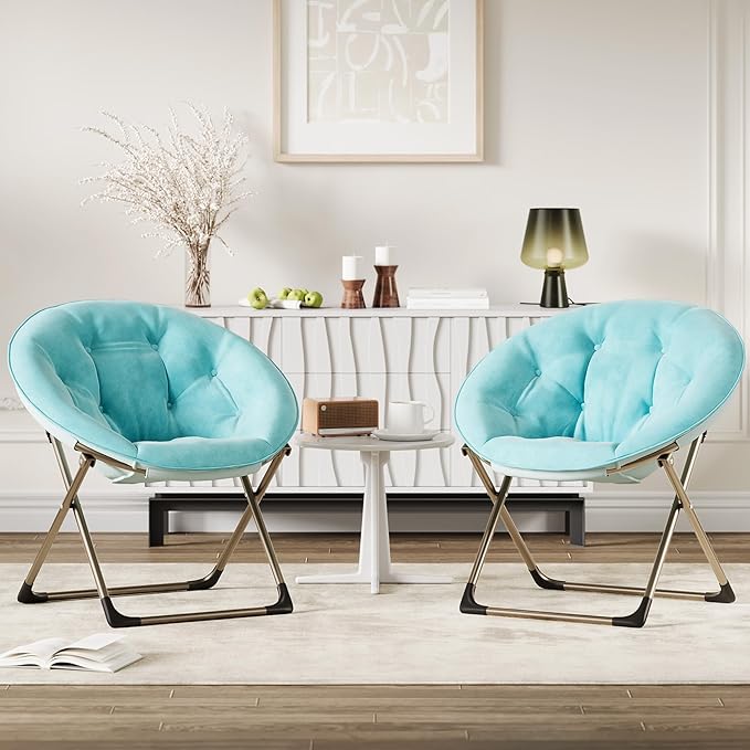 Saucer ChairFaux Fur Comfy Folding Chair with Folding Metal Frame Oversized Plush Flower Accent SeatLounge Moon Chair for Bedroom Dorm or Living RoomBlue