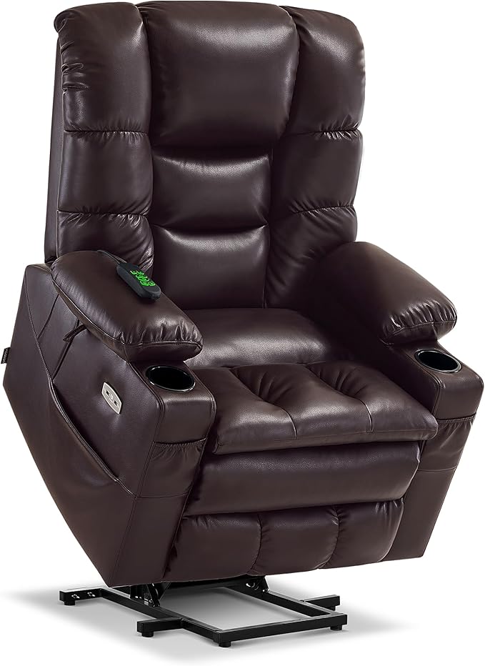 MCombo Large Triple Motor Power Lift Recliner Chair with Massage and Dual Heating Adjustable Headrest for Tall Elderly People Faux Leather 7634 (Dark Brown Large)