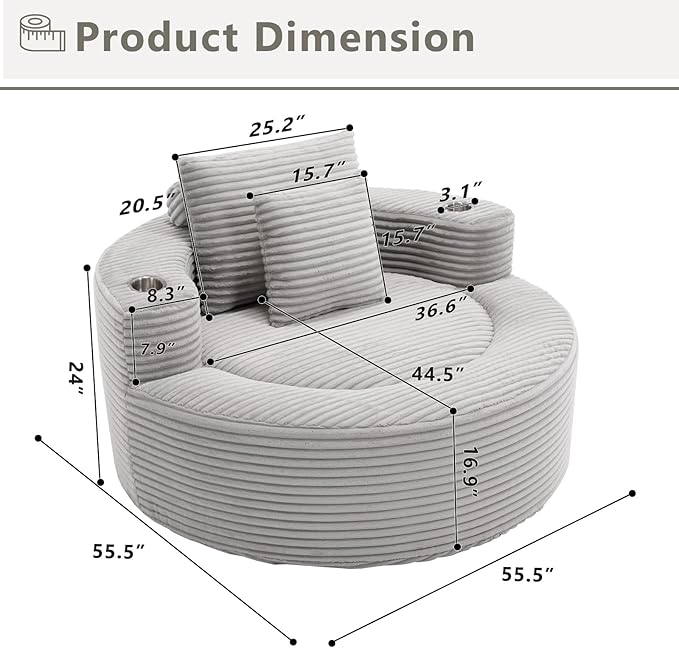 55 Oversized Round Boneless Couch Sofa Velvet Memory Foam Cloud Couches Lounge Chair Comfy Fluffy Single Sofa with 3 Pillows for Living Room Bedroom No Assembly Required (Grey.)