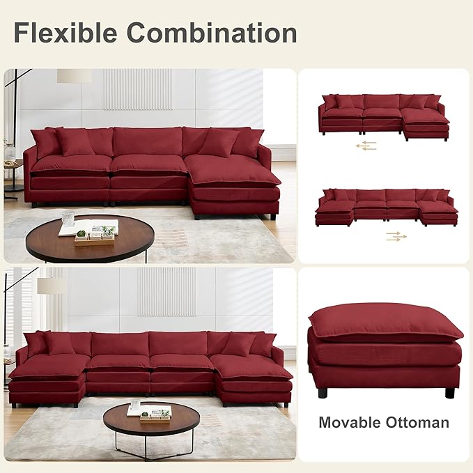 Modular Sectional Sofa143.31'' Modern Sofa Sleeper CouchComfy Cloud Couches with 4 Seat &amp 2 Ottoman &amp 4 Pillows Sofa SetDeep Seat Sofa with Movable Ottoman for Living RoomChenille (Red U