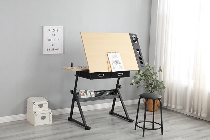 Adjustable Drawing Table Desk with 2 Drawers for Home Office and School with Stool(Wood)