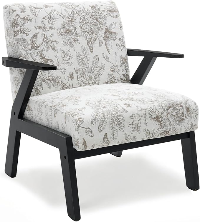 Floral Accent Chair Mid Century Modern Chairs Upholstered Armchair with Solid Rubber Wood Living Chair Ergonomic Chair for Living Room Bedroom Reading Room