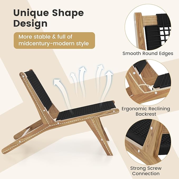 Tangkula Mid Century Modern Accent Chair with Ottoman Farmhouse Handwoven Cordage Living Room Chair with Teak Wooden Frame for Indoor Outdoor Lazy Lounge Chair for Home Bedroom Office