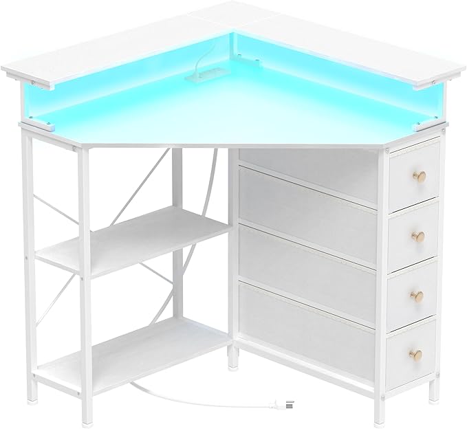 Corner Desk with Drawers Shelves for Small Space 90 Degrees Triangle Computer Desk with Power OutletsGaming Desk with LED Lights Monitor Stand for Home Office Workstation Writing Table (White)