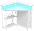 Corner Desk with Drawers Shelves for Small Space 90 Degrees Triangle Computer Desk with Power OutletsGaming Desk with LED Lights Monitor Stand for Home Office Workstation Writing Table (White)