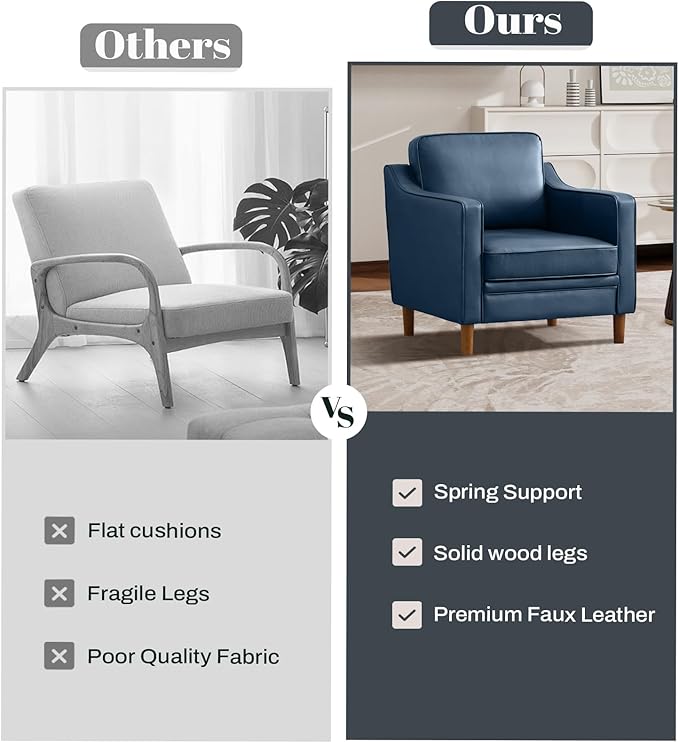Kingfun Accent Chair Set of 2 Living Room Chairs Faux Leather Reading Armchair Mid Century with Solid Wood Foot Upholstered Modern Decor for Bedroom Apartment Blue