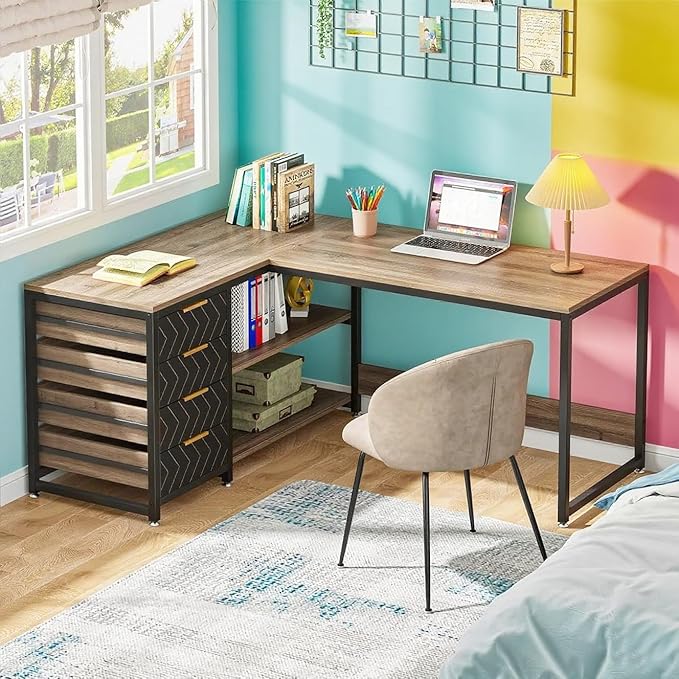 59-Inch Reversible L-Shaped Desk with Drawers &amp Shelves Corner Computer Desk Workstation for Home Office Grey