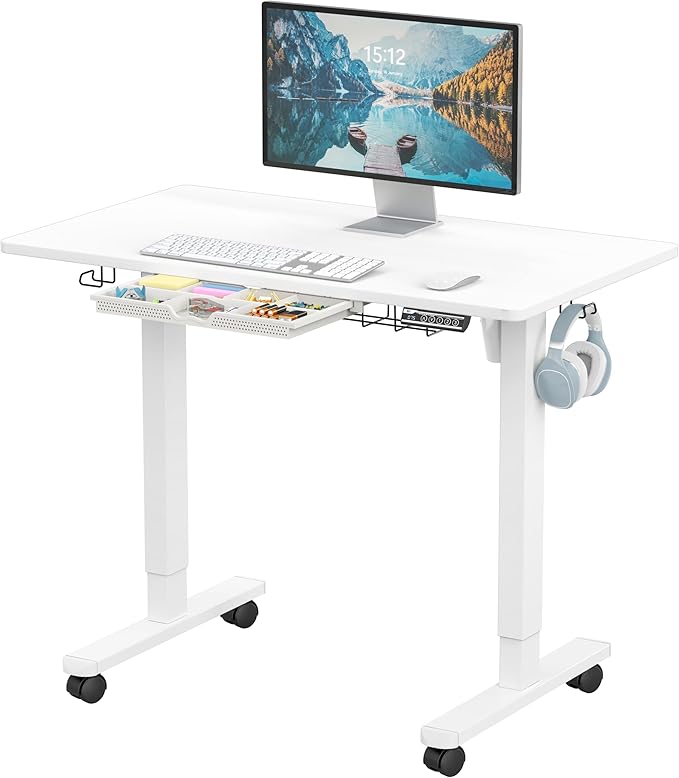 SHW 40-Inch Mobile Electric Height Adjustable Sit to Stand Desk with Drawer Hanging Hooks and Cable Management White