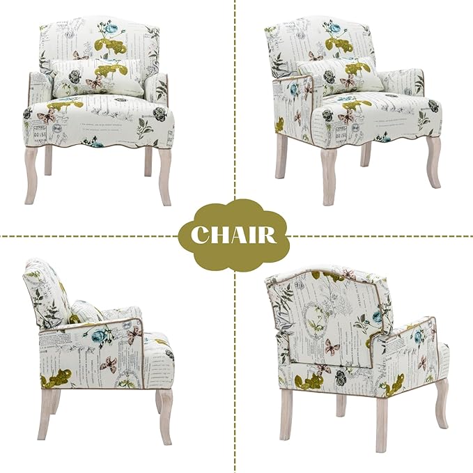 Floral Accent Chair with Arms Linen Fabric Modern Arm Chair with Removable Pillow Upholstered Corner Reading Chair Comfy Single Sofa for Living Room/Bedroom/Fireplace Beige-Butterfly Pattern