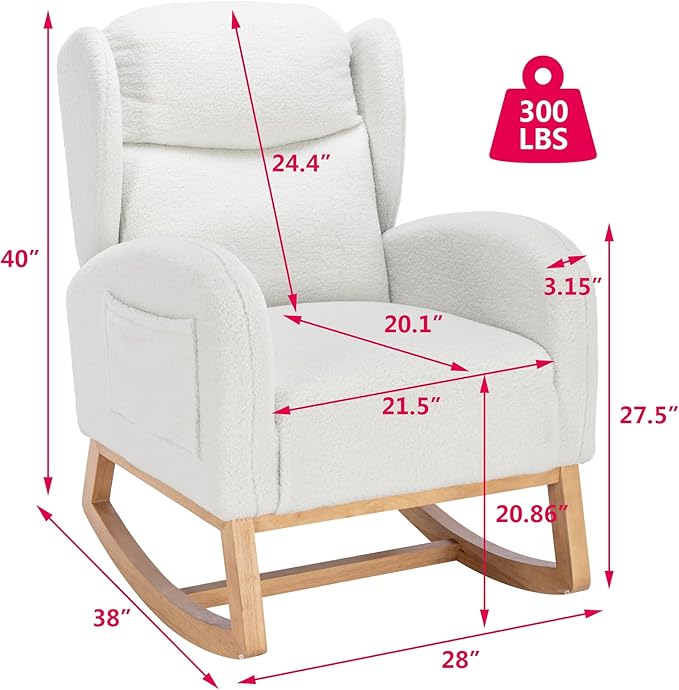 Setawix Teddy Rocking Glider Chair for NurseryUpholstered Living Room Rocker Arm ChairLeisure Sherpa Wingback ArmchairMid Century Modern Rocking Accent Chair with Side Pockets (Wingback Ivory)
