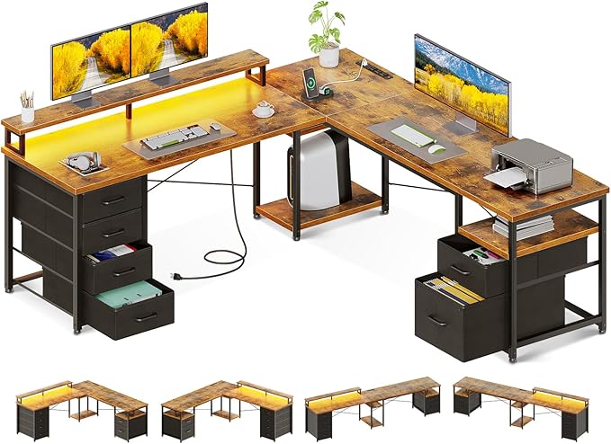 AODK 66 L Shaped Computer Desk 113“ Reversible Home Office Desk with File Cabinet &amp 4 Fabric Drawers Two Person Desk with LED Lights &amp Power Outlet Corner Gaming Desk with Monitor Shelf V