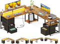 AODK 66 L Shaped Computer Desk 113“ Reversible Home Office Desk with File Cabinet &amp 4 Fabric Drawers Two Person Desk with LED Lights &amp Power Outlet Corner Gaming Desk with Monitor Shelf V