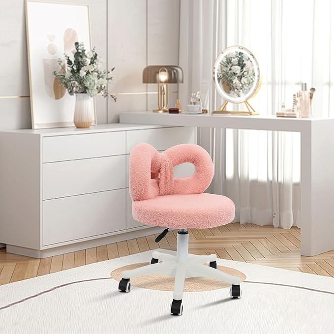 Cute Bow Backrest Chair Pink Make-up Chair Height Adjustable Roller Chair with 5 Wheels Armless Dressing Chair Small Upholstered Accent Chair Desk Chair for Bedroom Living Room