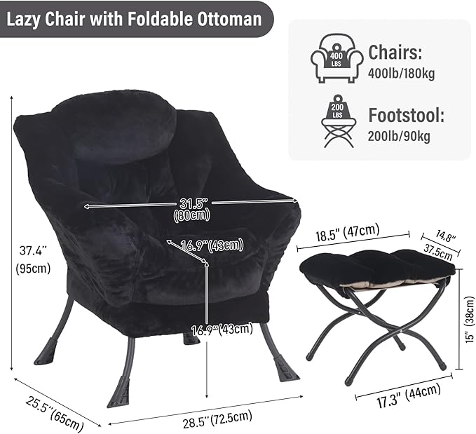 Lazy Chair with Ottoman Modern Accent Chair with Armrests and a Side Pocket Plush Black Accent Chairs Reading Chairs Oversized Armchairs for Bedroom Study Living Room Courtyard
