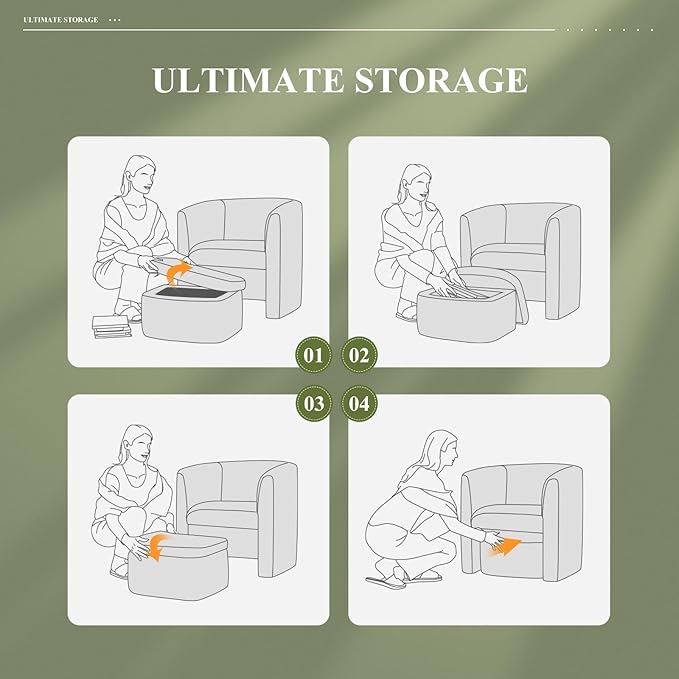 COLAMY Upholstered Velvet Barrel Accent Chair with Storage Ottoman Set of 2 Morden Living Room Side Chair Single Sofa Armchair with Lounge Seat for Bedroom/Office/Reading Spaces Green