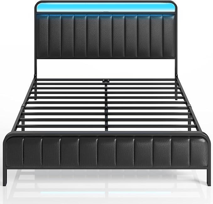 Rolanstar Full Size Bed Frame with LED Light and Charging Station Upholstered Headboard and Footboard Metal Slat Noise Free Easy Assembly Black