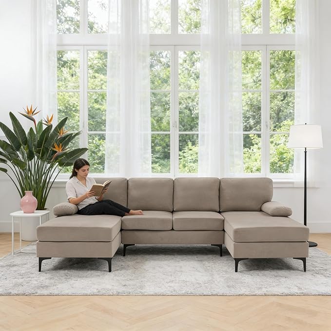 106 U-Shape Sectional Couches with Double Chaise Upholstered Sofa with Polyester Blend Fabric Modern 4 Seat Modular Sofa with Sturdy Metal Legs for Living Room Apartment Khaki