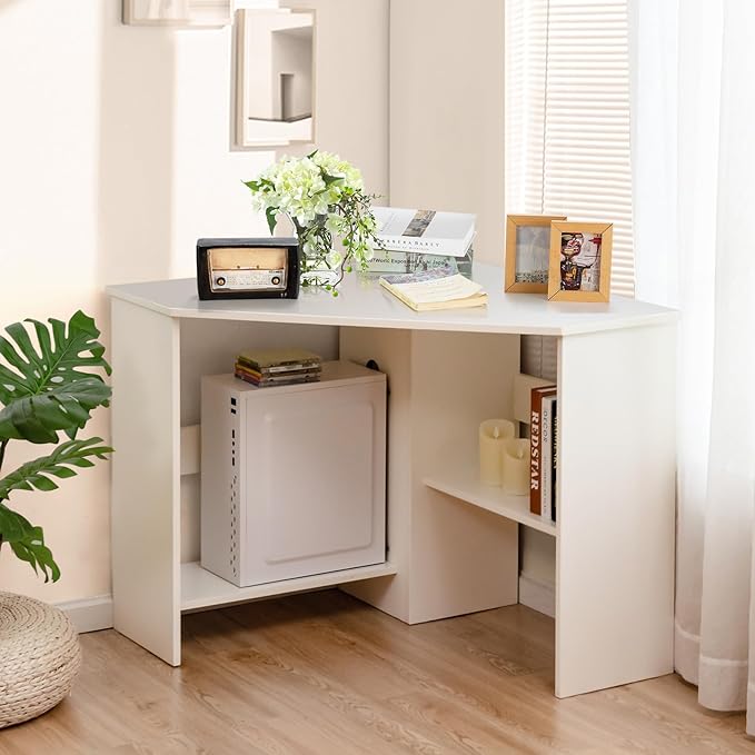 COSTWAY Corner Computer Desk Space-Saving Triangular Writing Desk w/ 2 Storage Shelves &amp 2 Cable Holes Multi-Functional Console Table for Small Space in Home Office Living Room Bedroom (White)