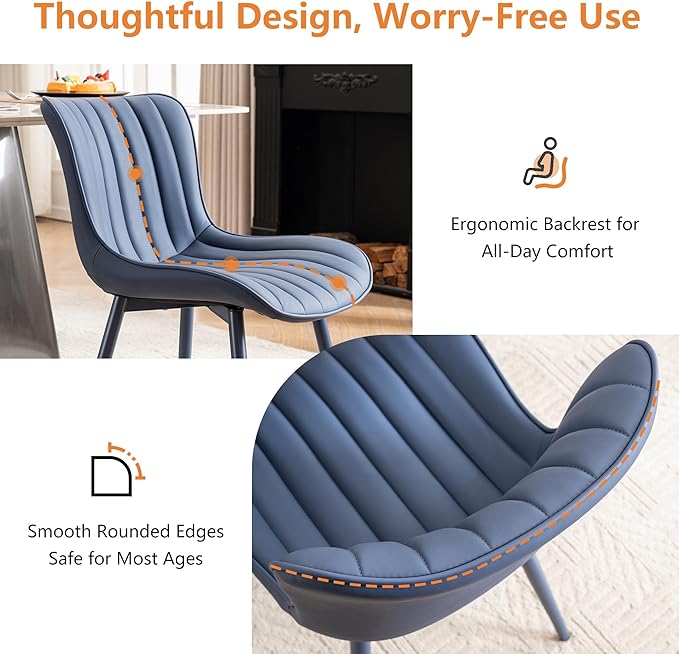 YOUNUOKE Mid-Century Modern Dining Chairs Set of 2 Navy Blue PU Leather Upholstered Kitchen Chairs with Navy Blue Metal Legs Armless Accent Chair for Dining Room Guest Reception Room