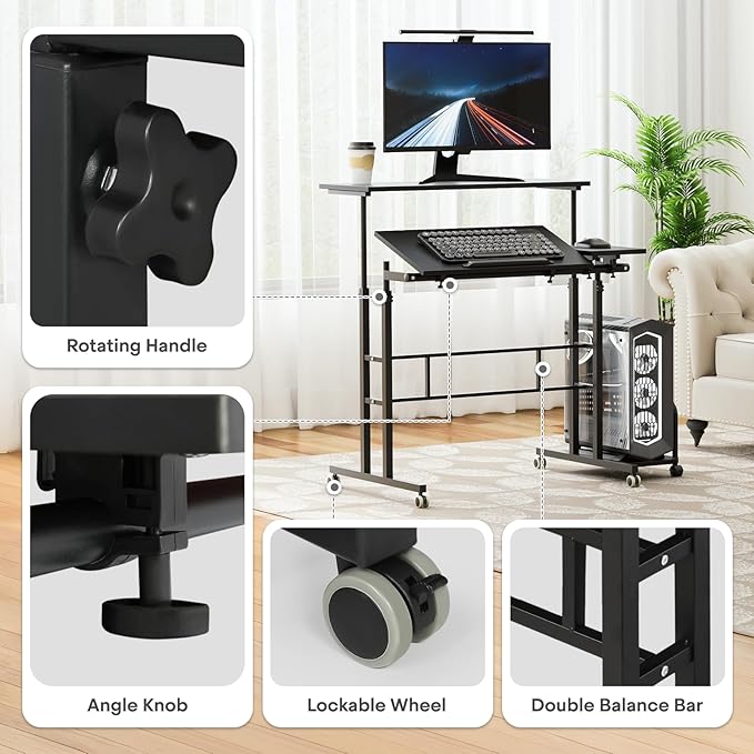 Athena Collection Height-Adjustable Mobile Laptop Stand Cart with CPU Holder Rolling Sit-Stand Desk Workstation for Home Office Black
