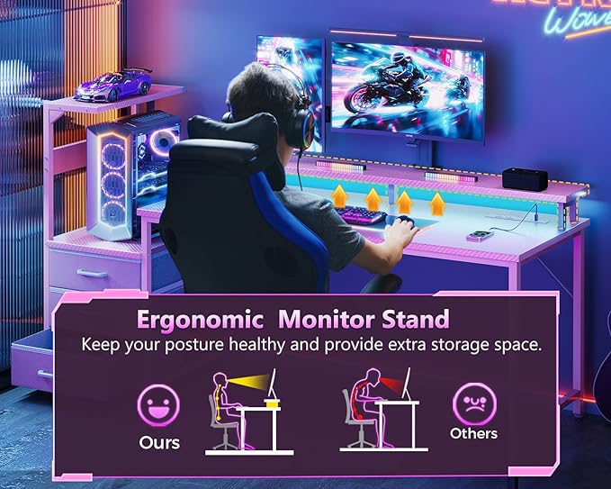 AODK 59 Inch Gaming Desk with USB Charging Ports &amp LED Light- Reversible Computer Desk with Storage Shelves &amp Monitor Stand Modern Gamer Desk Table with Fabric Drawers &amp Side Hook Carbon