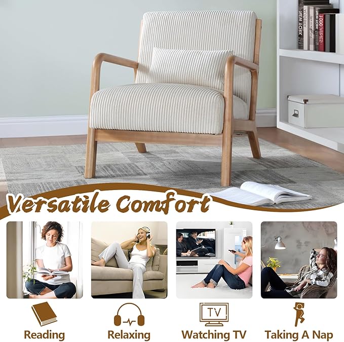 Modern Accent Chairs with Waist Cushion Comfy Upholstered Chair Living Room Corduroy Reading Chair with Solid Wood Frame Side Chairs for Living Room Bedroom Sunny Room Balcony (White)