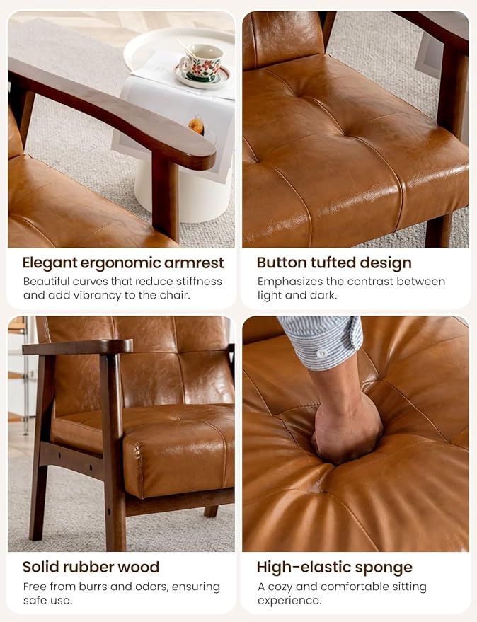 Mid-Century PU Leather Accent Chair Set of 2 Living Room Comfy Bedroom Chairs for Small Spaces Modern Brown Reading Nook Armchair with Solid Wood Legs