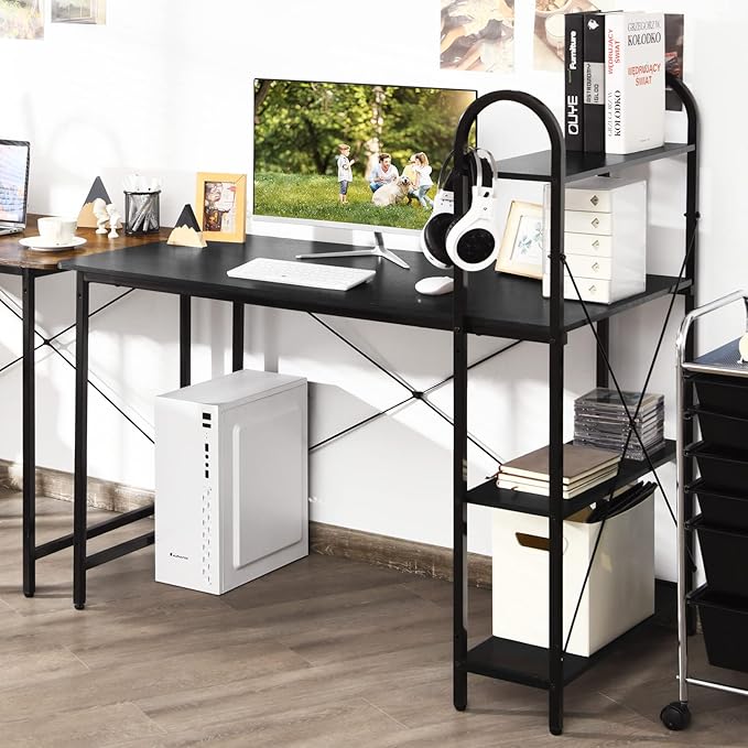 Tangkula 48-Inch Reversible Computer Desk with Storage Shelves Home Office Study Writing Desk with Bookshelves Writing Computer Workstation Home Office Desk (Black)