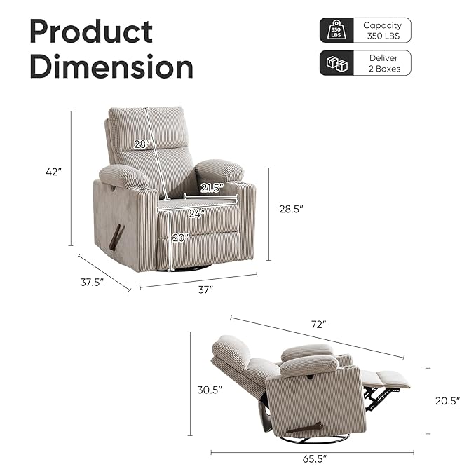 Swivel Rocker Recliner with Adjustable Armrests Rocking Nursery Chair with Adjustable Headrest Cup Holder Manual Recliner Nursing Chair for Breastfeeding Corduroy Grey