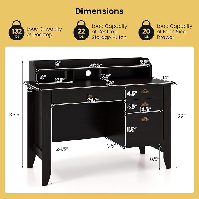 GLACER 48 Computer Desk with 4 Storage Drawers &amp Hutch Home Office Desk with Cable Hole for PC Laptop Wooden Writing Workstation Gaming Desk for Office Study Bedroom Small Spaces (Black)
