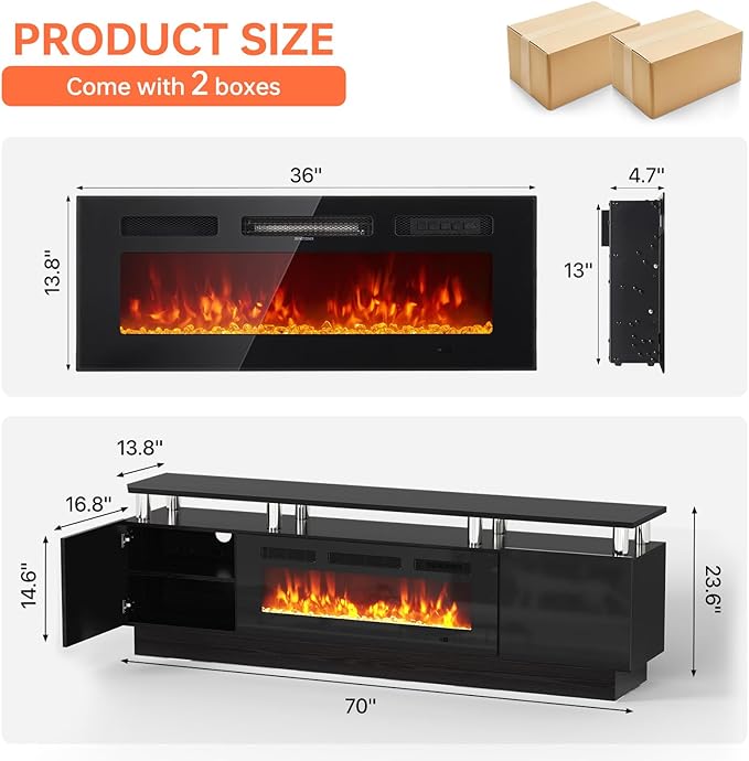 MXV 70 Fireplace TV Stand Modern Entertainment Center &amp 36 Inch Electric Fireplace with Remote Control LED Light Fire Place Tv Stand for Living Room for TVs up to 80 Black + Black