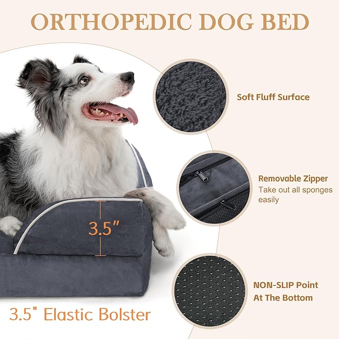 Comfort Expression Orthopedic Dog Bed for Medium Dogs 28x19 Inch Waterproof Supportive Egg Crate Foam Medium Pet Bed with Removable Bolster Dog Couch with Washable Cover &amp Non-Slip Bottom Dark