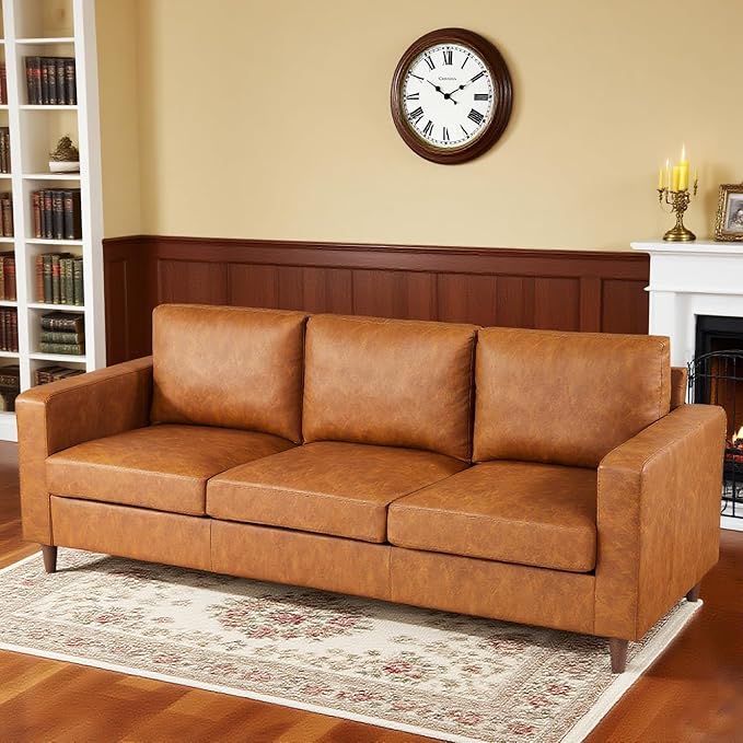 Garvee Brown Leather Sofa 83 in Mid-Century Modern Couch 3-Seater Sofa with Armrests and Comfy Cushions Pu Deep Seat Sofas for Living Room Bedroom Office