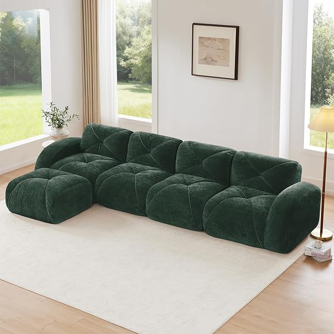 140.9'' Modular L Shaped Sectional Couches for Living Room Modern Velvet Cozy Boneless Sofa with 1 Ottoman No Assembly Required Comfy Couch Green Cloud Boneless Couch in a Box Sofas para Sala